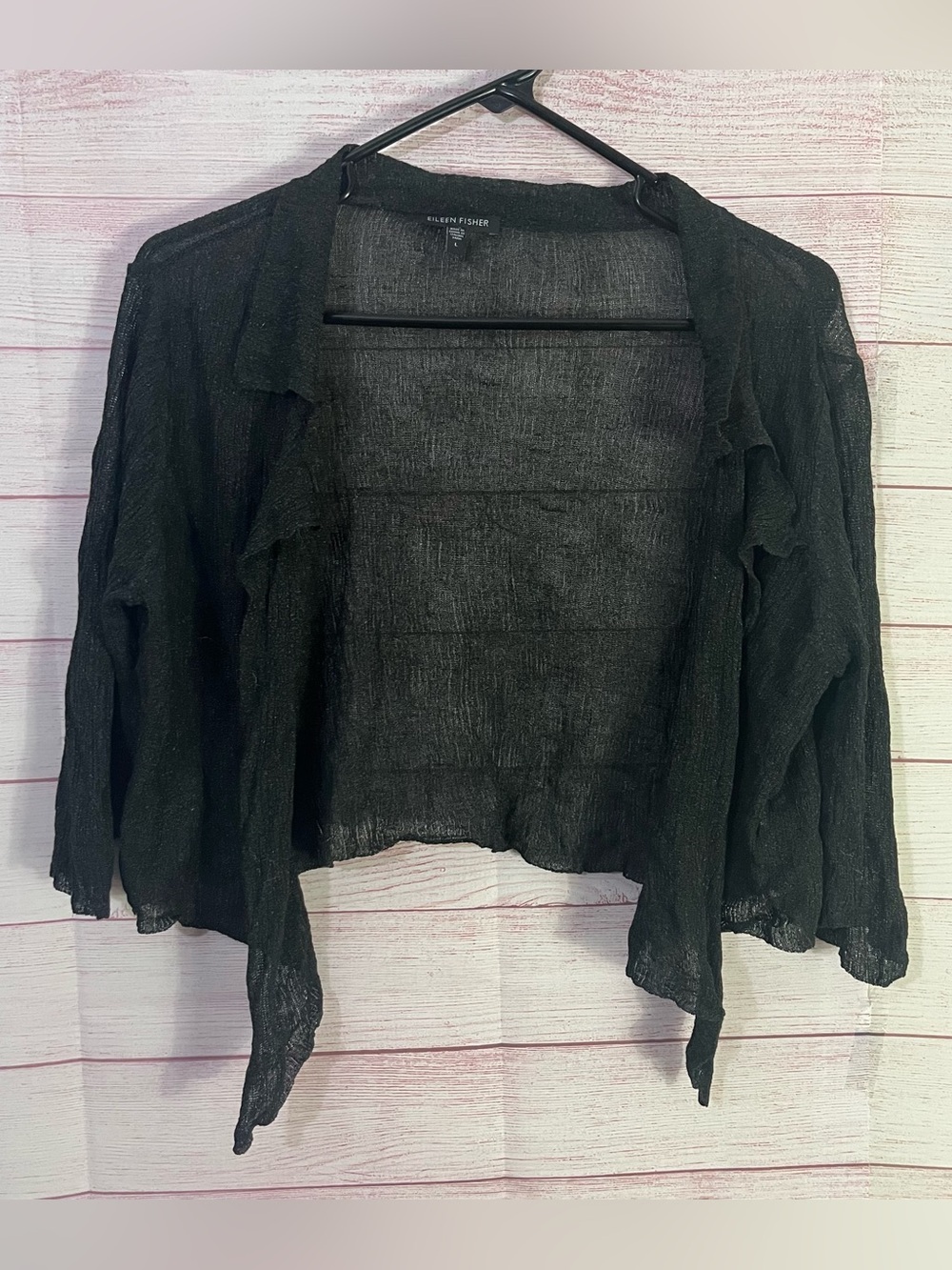 Eileen Fisher black Metallic tinsel crinkle ruffle open cardigan shrug large